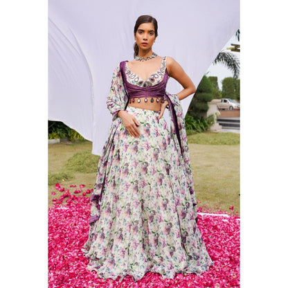 AHI Clothing Multicolor African Floral Lehenga with Bustier and Dupatta (Set of 3)