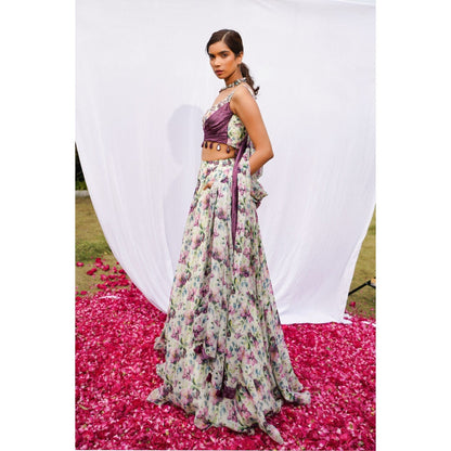 AHI Clothing Multicolor African Floral Lehenga with Bustier and Dupatta (Set of 3)