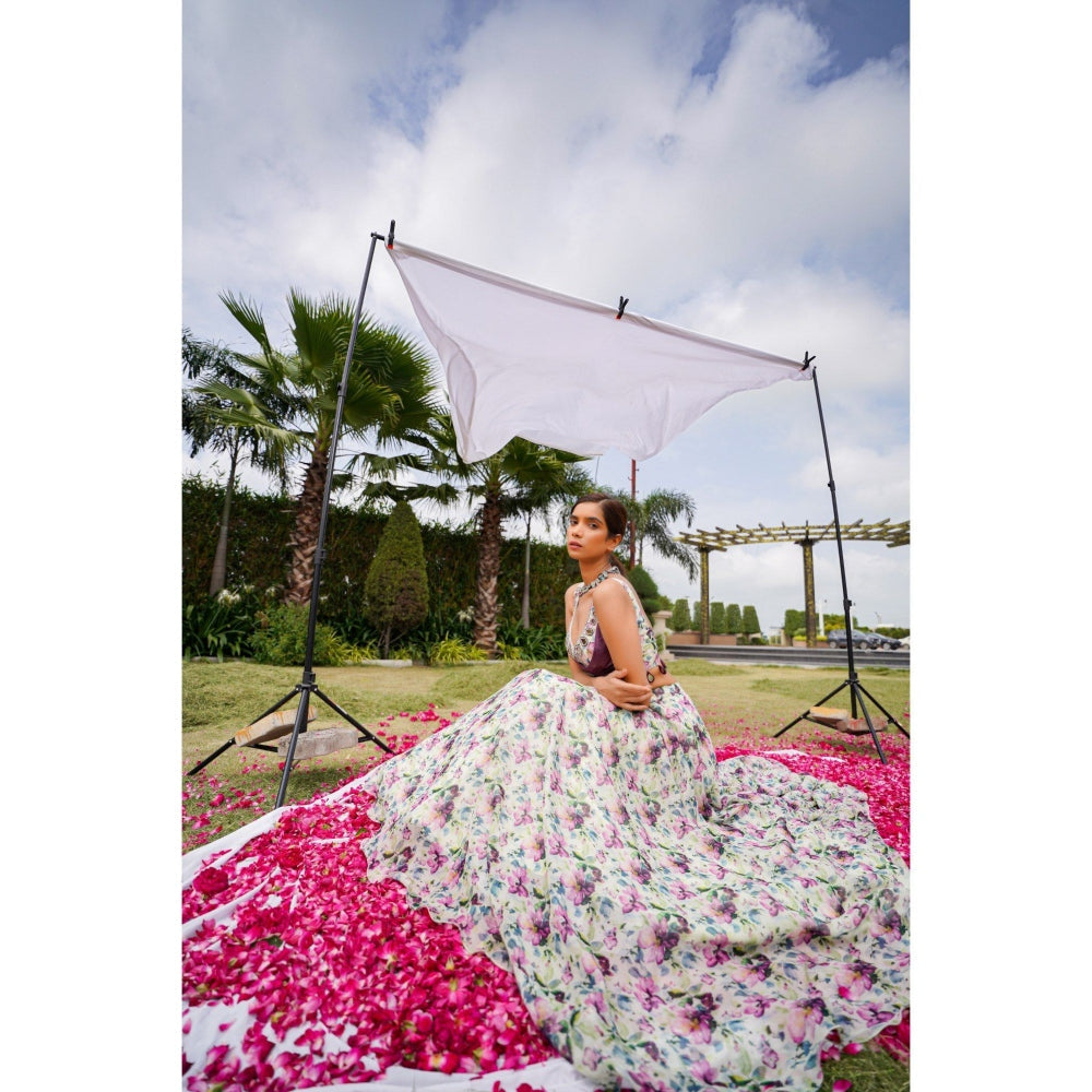 AHI Clothing Multicolor African Floral Lehenga with Bustier and Dupatta (Set of 3)