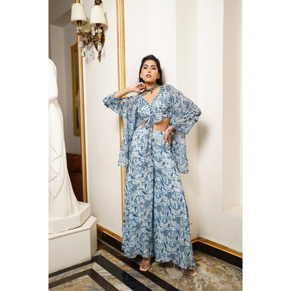 AHI Clothing White And Blue Paisley Kimono Shrug with Palazzo and Bustier (Set of 3)