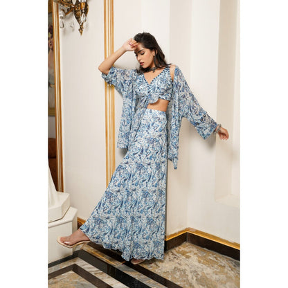 AHI Clothing White And Blue Paisley Kimono Shrug with Palazzo and Bustier (Set of 3)