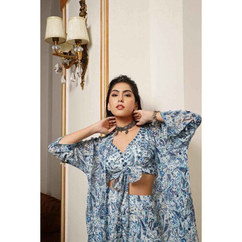 AHI Clothing White And Blue Paisley Kimono Shrug with Palazzo and Bustier (Set of 3)