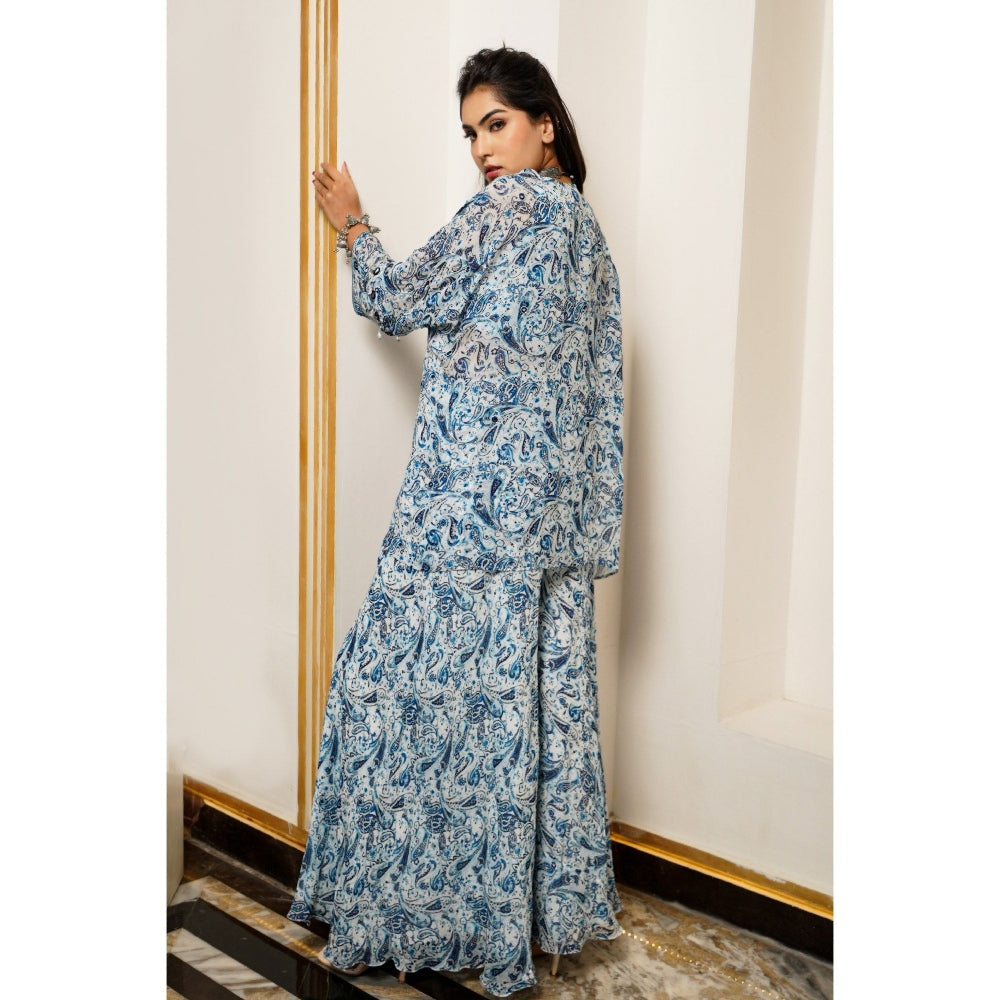 AHI Clothing White And Blue Paisley Kimono Shrug with Palazzo and Bustier (Set of 3)