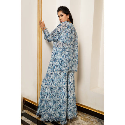 AHI Clothing White And Blue Paisley Kimono Shrug with Palazzo and Bustier (Set of 3)