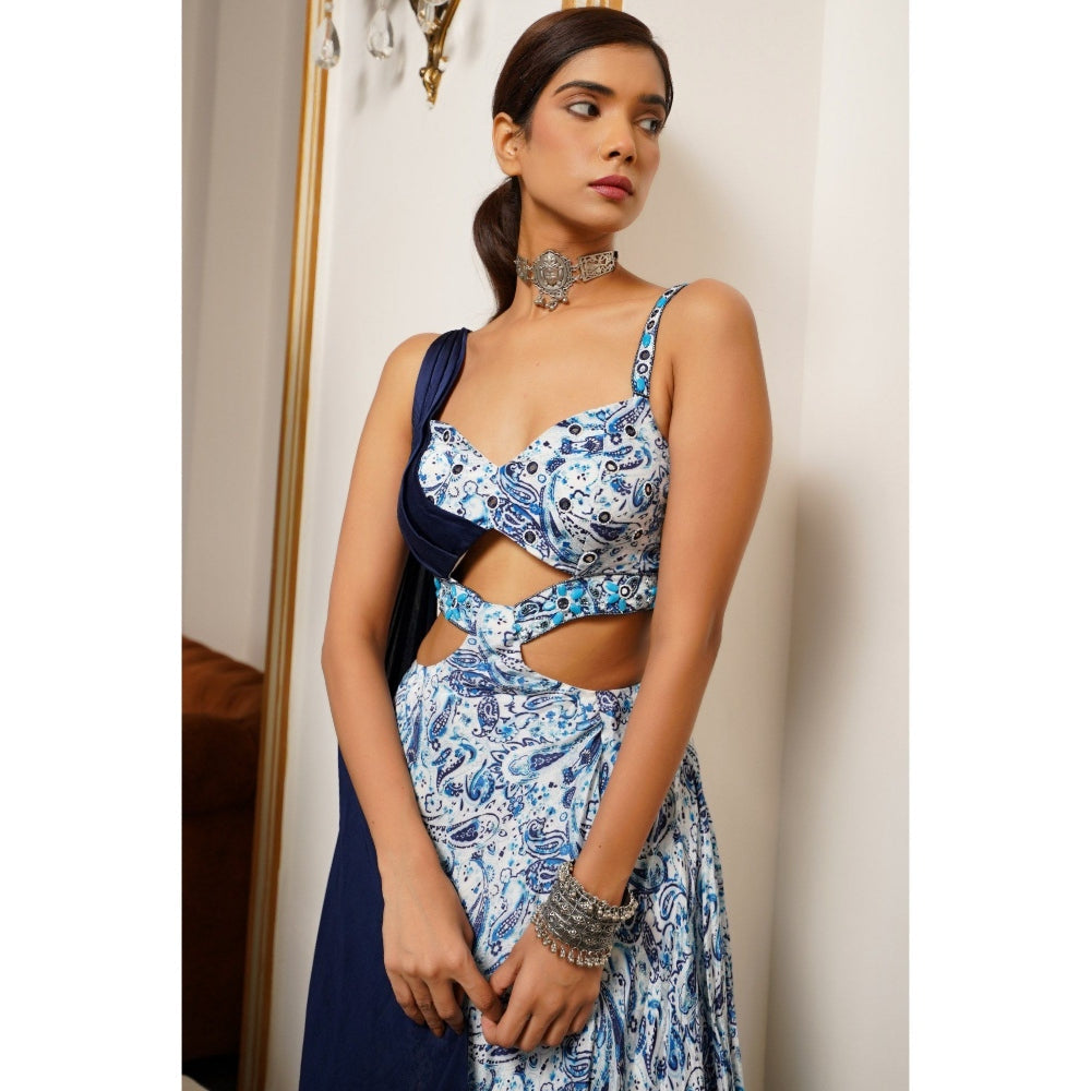 AHI Clothing White And Blue Paisley Long Indo Lehenga Dress