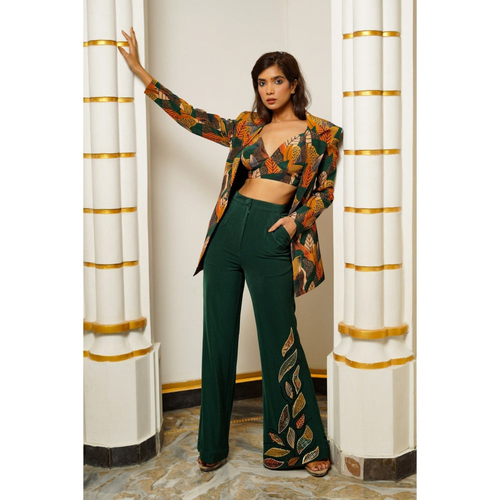 AHI Clothing Leaf Print Coat with Bralette and Trouser (Set of 3)