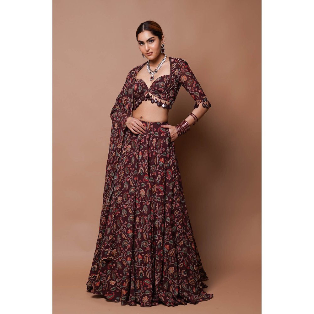 AHI Clothing Maroon Digital Print Lehenga Blouse with Dupatta (Set of 3)