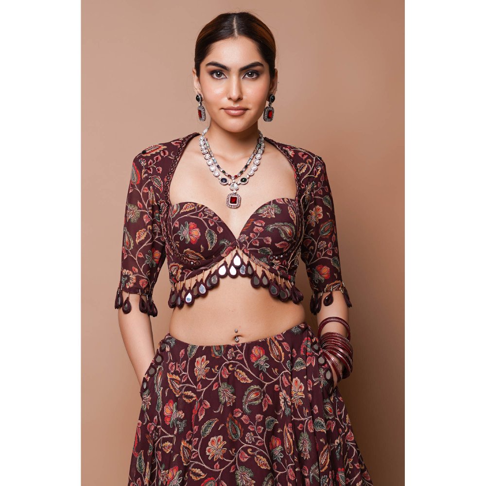 AHI Clothing Maroon Digital Print Lehenga Blouse with Dupatta (Set of 3)