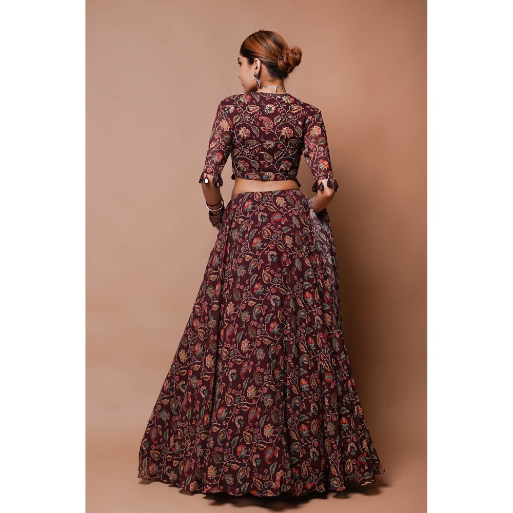 AHI Clothing Maroon Digital Print Lehenga Blouse with Dupatta (Set of 3)