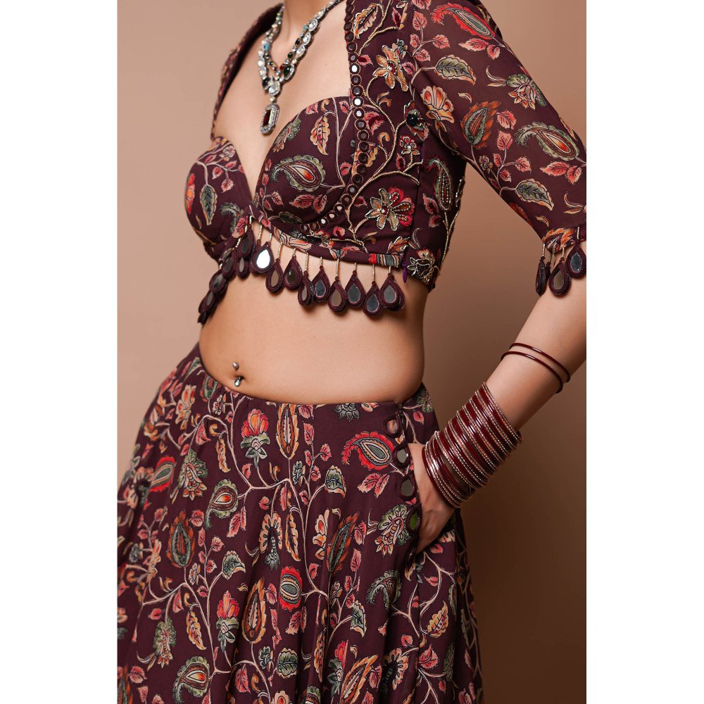 AHI Clothing Maroon Digital Print Lehenga Blouse with Dupatta (Set of 3)