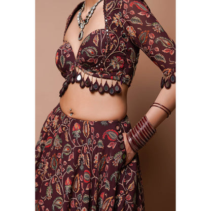AHI Clothing Maroon Digital Print Lehenga Blouse with Dupatta (Set of 3)