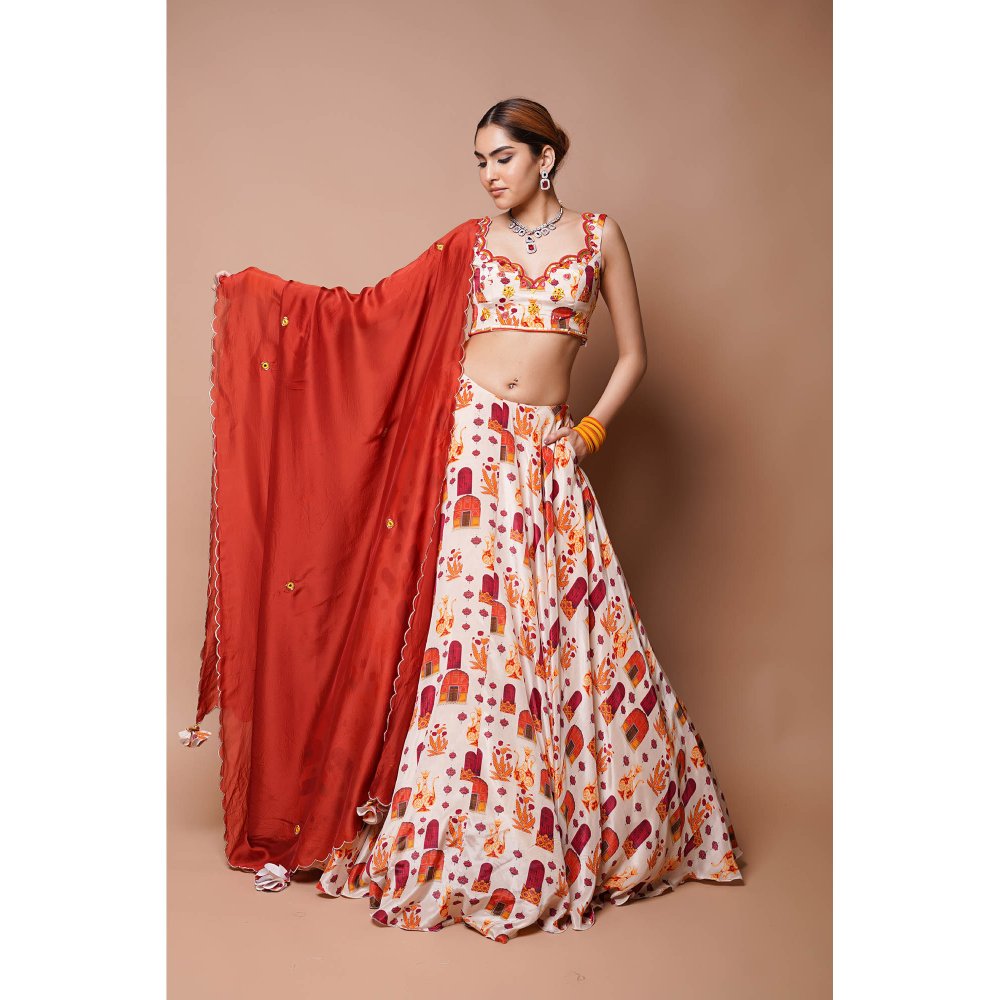 AHI Clothing Cream Digital Print Lehenga Blouse with Dupatta (Set of 3)