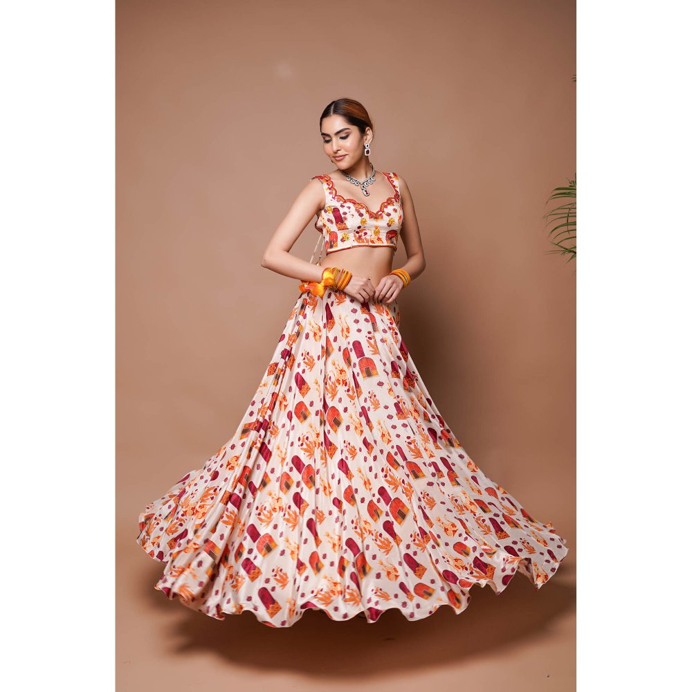 AHI Clothing Cream Digital Print Lehenga Blouse with Dupatta (Set of 3)