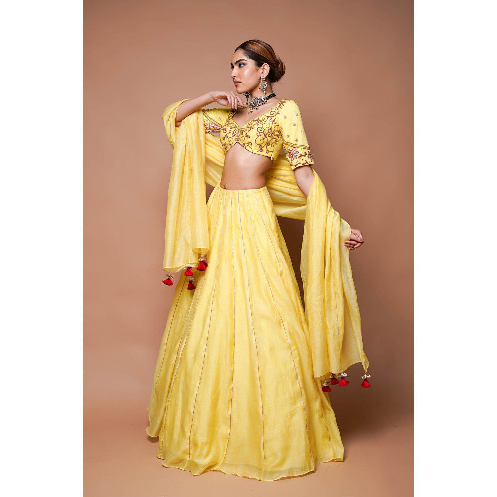 AHI Clothing Yellow Chanderi Lehenga Blouse with Dupatta (Set of 3)