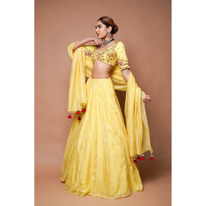 AHI Clothing Yellow Chanderi Lehenga Blouse with Dupatta (Set of 3)