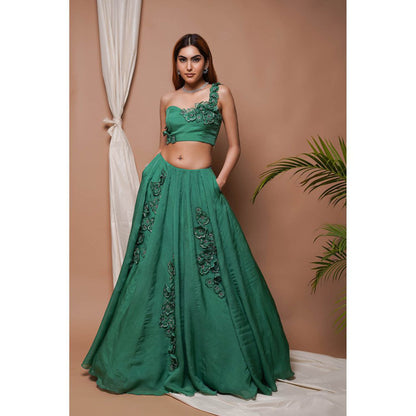 AHI Clothing Bright Green 3-D Organza Indo Lehenga with Blouse (Set of 2)