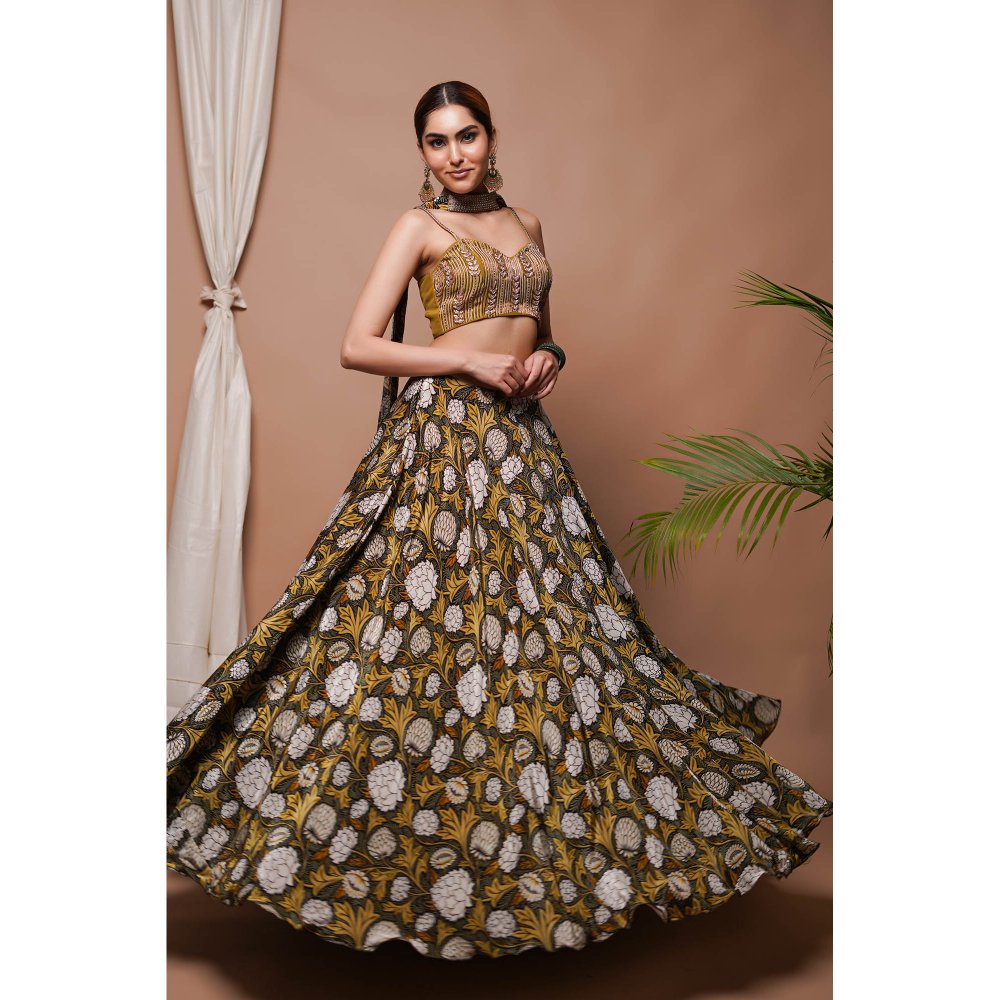 AHI Clothing Mustard Forest Digital Print Lehenga with Blouse (Set of 2)
