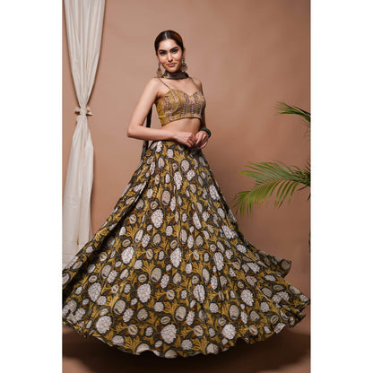 AHI Clothing Mustard Forest Digital Print Lehenga with Blouse (Set of 2)