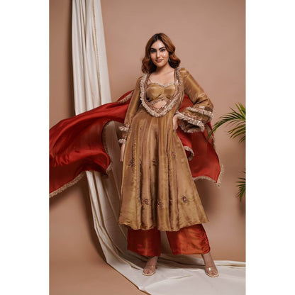 AHI Clothing Golden Tissue Silk Anarkali Kurta with Palazzo and Dupatta (Set of 3)