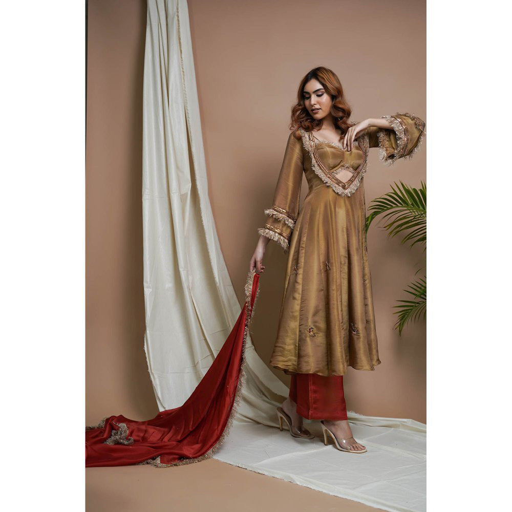 AHI Clothing Golden Tissue Silk Anarkali Kurta with Palazzo and Dupatta (Set of 3)