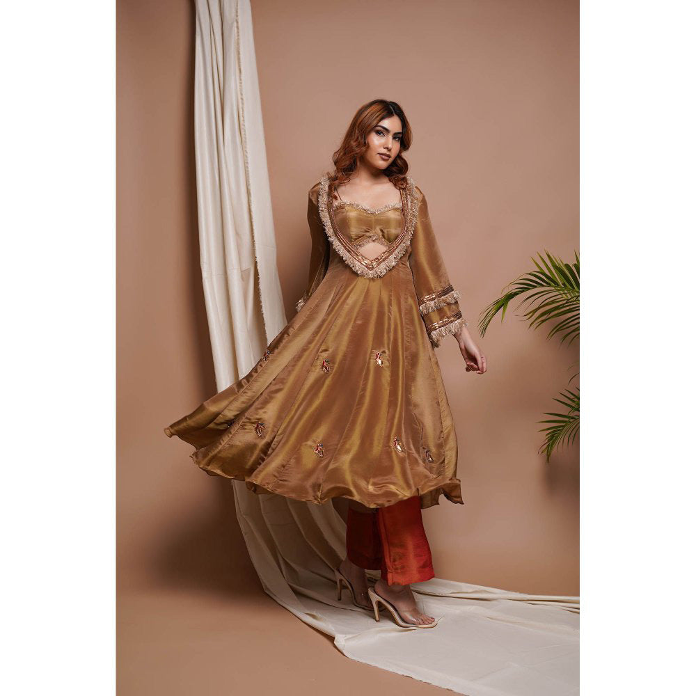 AHI Clothing Golden Tissue Silk Anarkali Kurta with Palazzo and Dupatta (Set of 3)