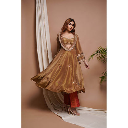 AHI Clothing Golden Tissue Silk Anarkali Kurta with Palazzo and Dupatta (Set of 3)
