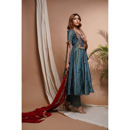 AHI Clothing Blue Red Tissue Silk Anarkali Kurta with Palazzo and Dupatta (Set of 3)