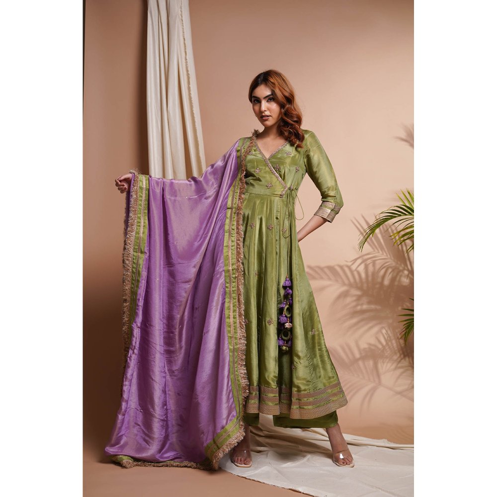 AHI Clothing Green Purple Tissue Silk Angarkha Kurta with Palazzo and Dupatta (Set of 3)