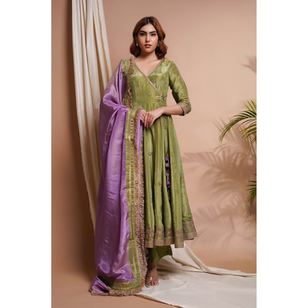 AHI Clothing Green Purple Tissue Silk Angarkha Kurta with Palazzo and Dupatta (Set of 3)