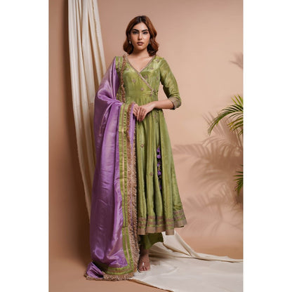 AHI Clothing Green Purple Tissue Silk Angarkha Kurta with Palazzo and Dupatta (Set of 3)