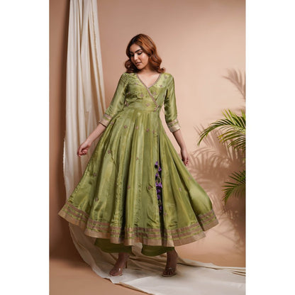AHI Clothing Green Purple Tissue Silk Angarkha Kurta with Palazzo and Dupatta (Set of 3)