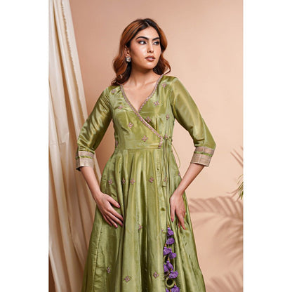 AHI Clothing Green Purple Tissue Silk Angarkha Kurta with Palazzo and Dupatta (Set of 3)