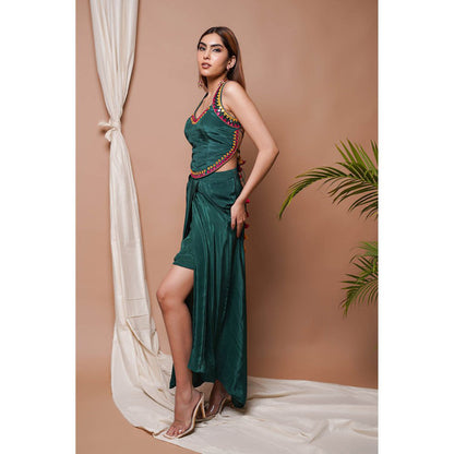 AHI Clothing Bottle Green Backless Drape Skirt with Blouse (Set of 2)