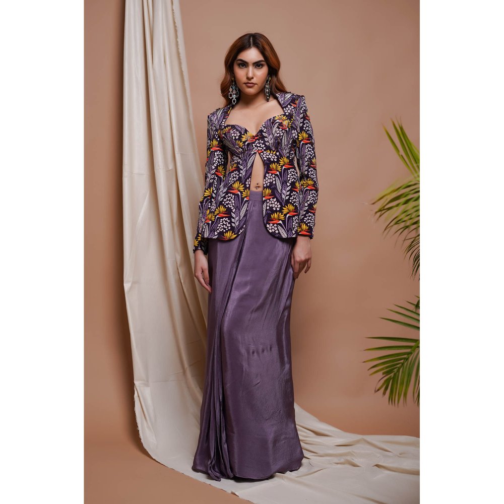 AHI Clothing Purple Digital Printed Coat Style Top and Drape Skirt Set (Set of 2)