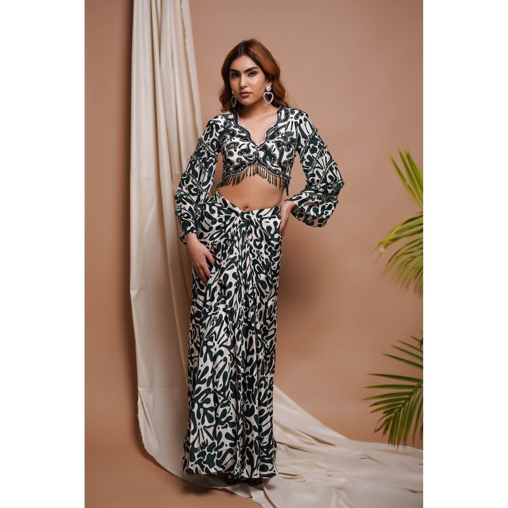 AHI Clothing White-Green Digital Printed Drape Skirt with Blouse (Set of 2)