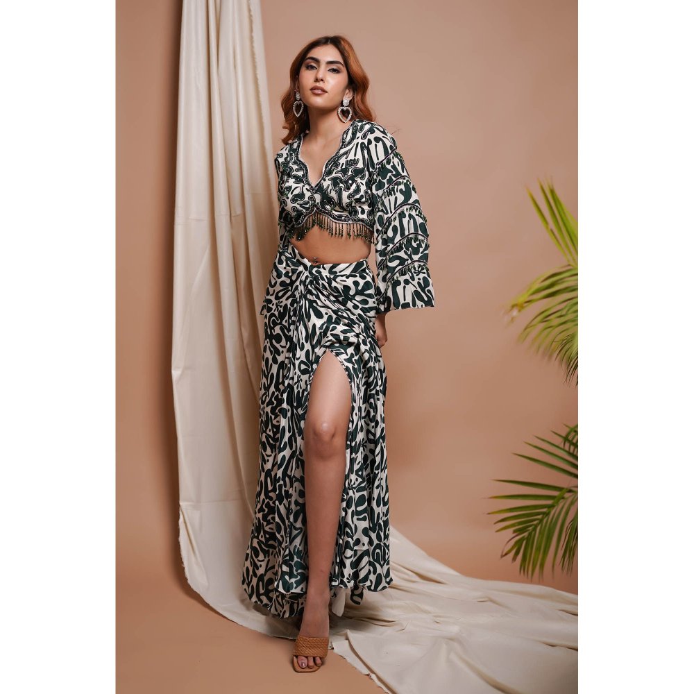 AHI Clothing White-Green Digital Printed Drape Skirt with Blouse (Set of 2)