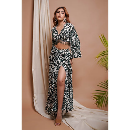 AHI Clothing White-Green Digital Printed Drape Skirt with Blouse (Set of 2)