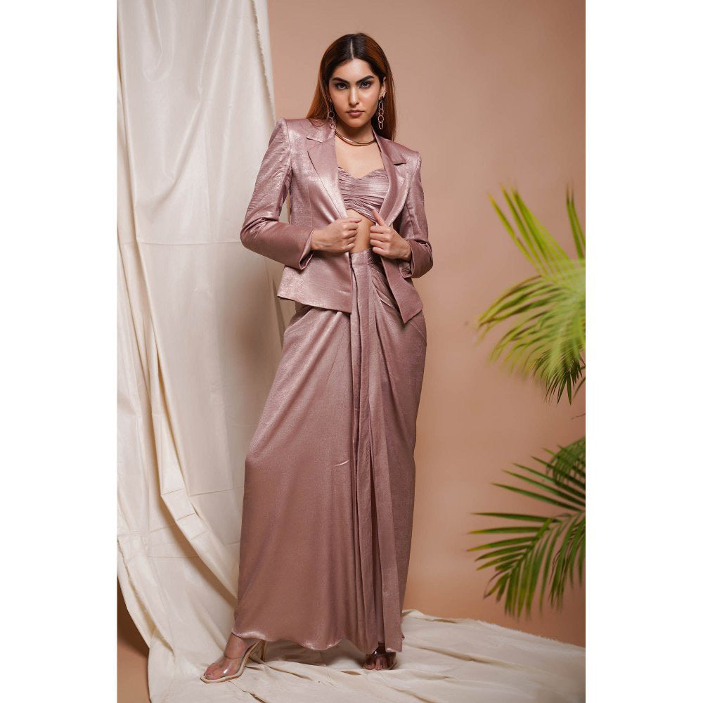AHI Clothing Pink Shimmer Drape Skirt and Coat with Bustier (Set of 3)