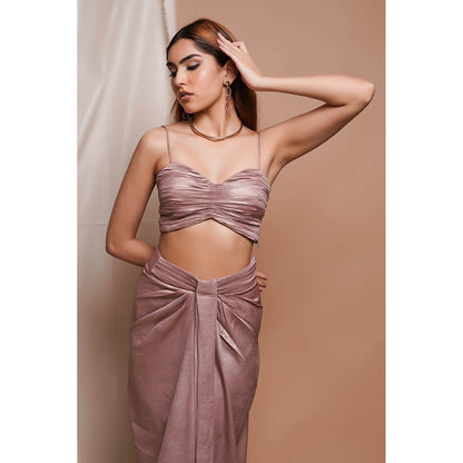 AHI Clothing Pink Shimmer Drape Skirt and Coat with Bustier (Set of 3)