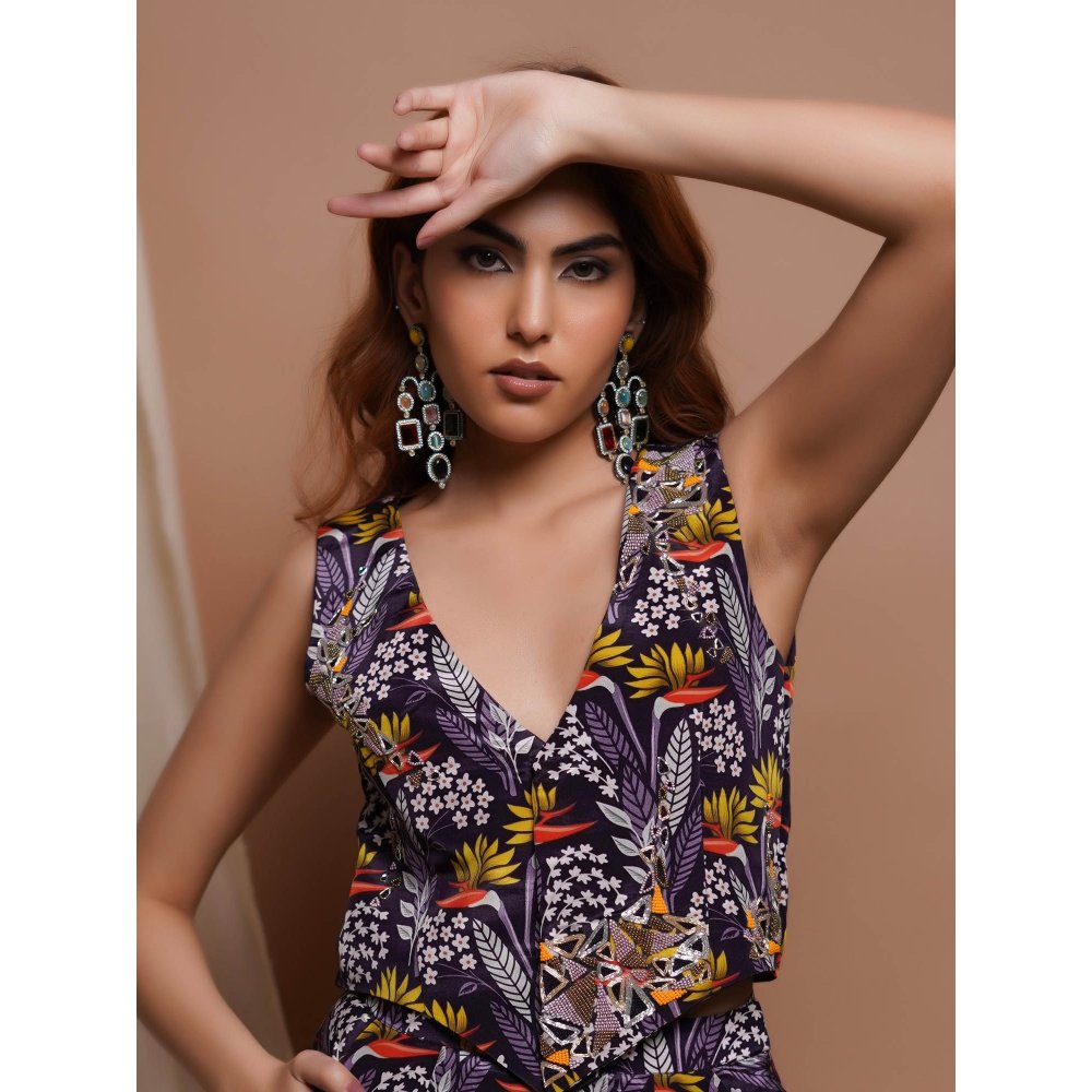 AHI Clothing Purple Printed Vest Coat and Palazzo (Set of 2)