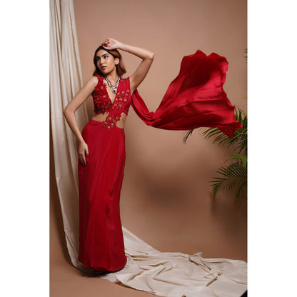 AHI Clothing Red Pre-Stitched Draped Saree with Stitched Blouse