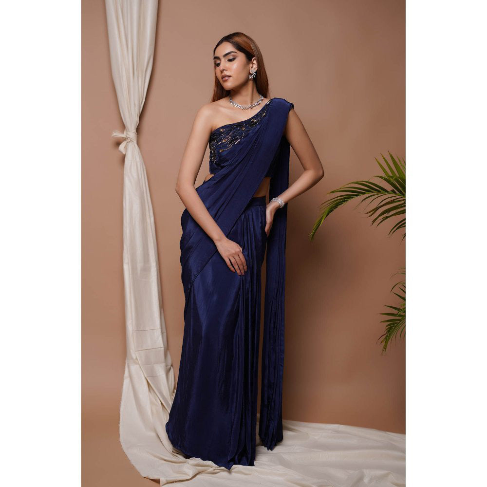 AHI Clothing Navy Pre-Stitched Draped Saree with Stitched Blouse