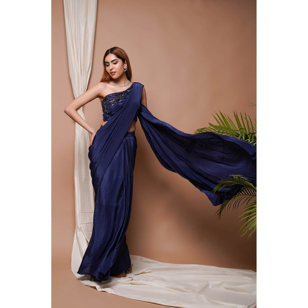 AHI Clothing Navy Pre-Stitched Draped Saree with Stitched Blouse