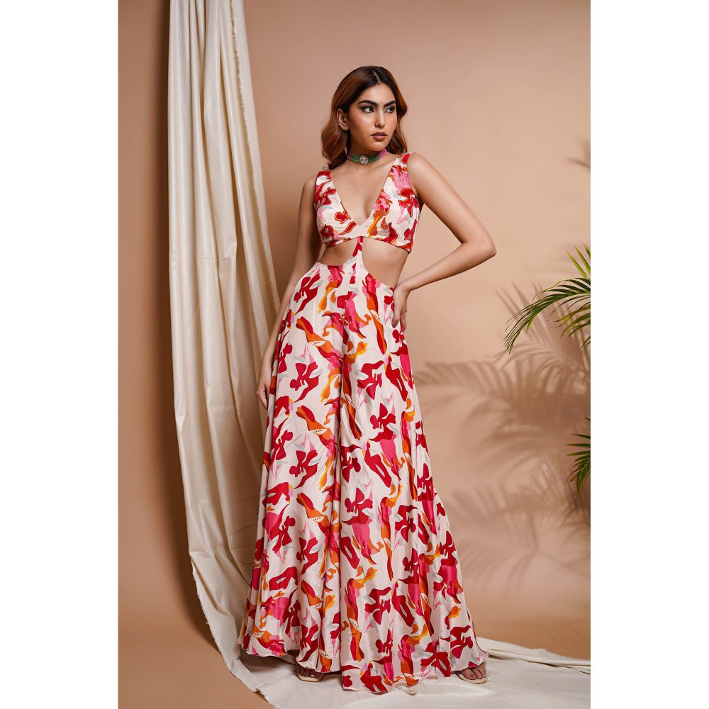 AHI Clothing Cream Abstract Printed V-Neck Jumpsuit