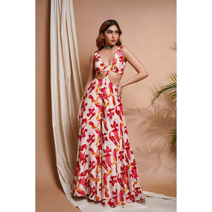 AHI Clothing Cream Abstract Printed V-Neck Jumpsuit
