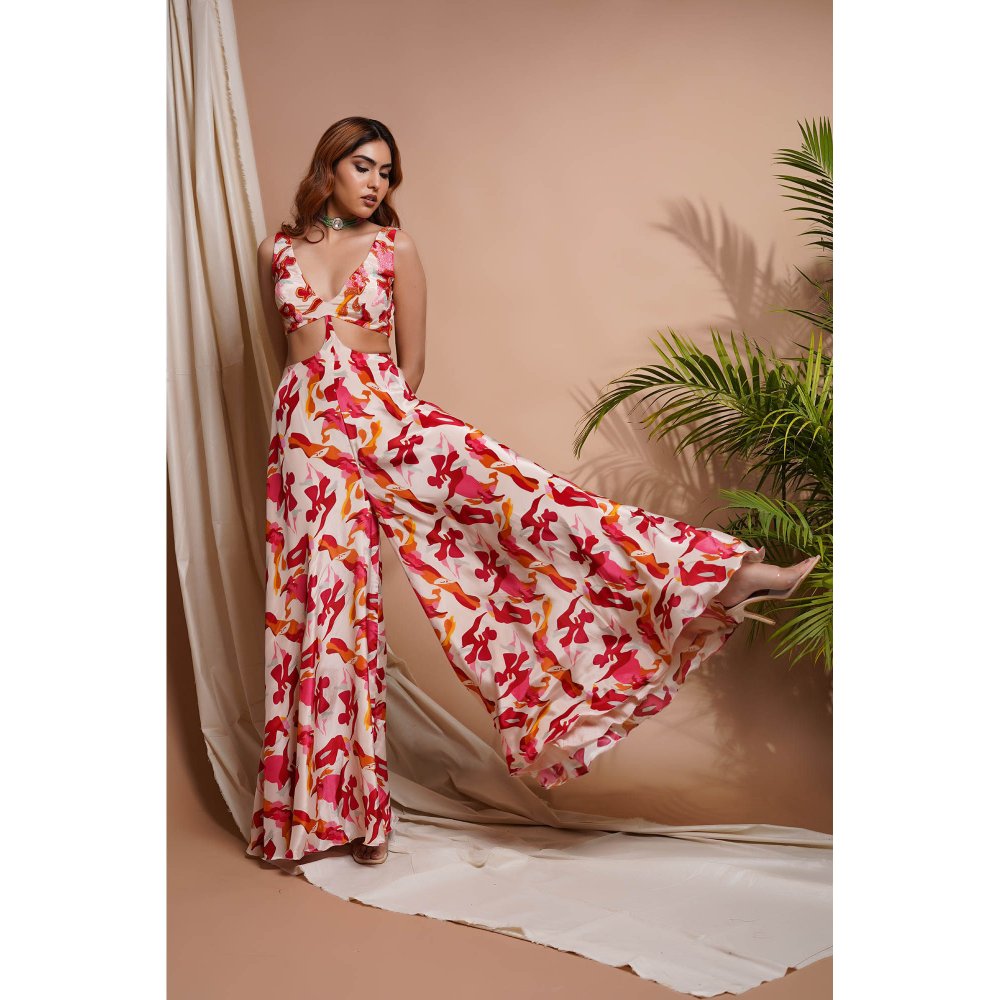 AHI Clothing Cream Abstract Printed V-Neck Jumpsuit