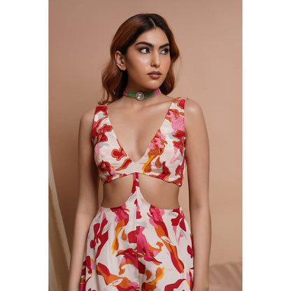 AHI Clothing Cream Abstract Printed V-Neck Jumpsuit