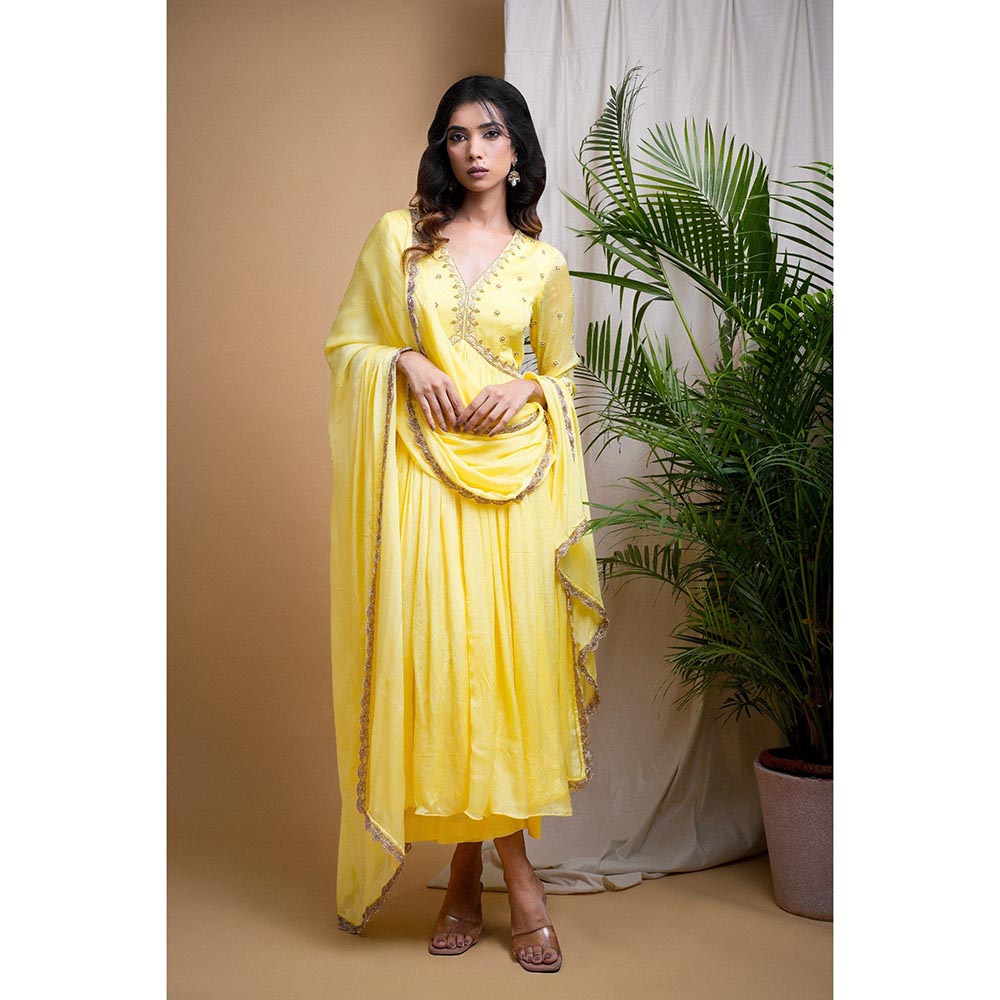 AHI Clothing Yellow Chiffon Anarkali Kurta with Palazzo and Dupatta (Set of 3)