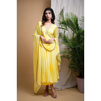 AHI Clothing Yellow Chiffon Anarkali Kurta with Palazzo and Dupatta (Set of 3)