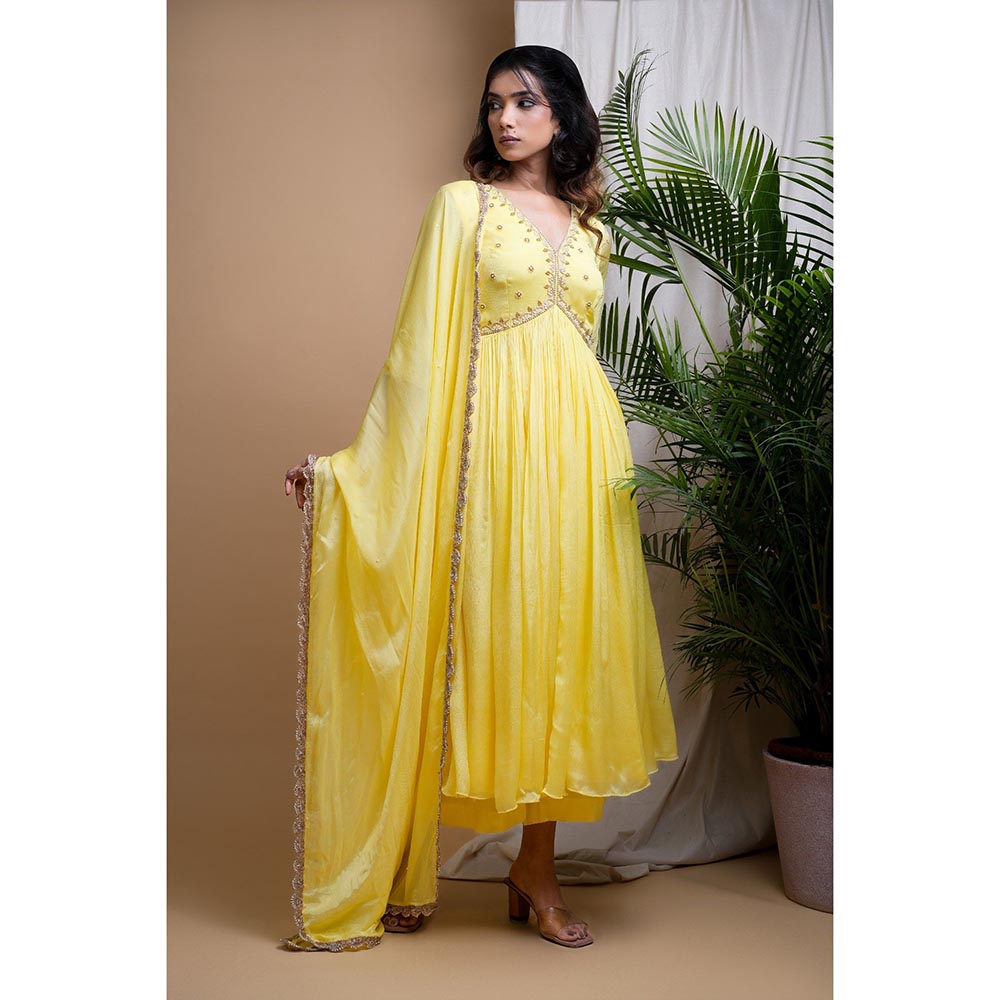 AHI Clothing Yellow Chiffon Anarkali Kurta with Palazzo and Dupatta (Set of 3)